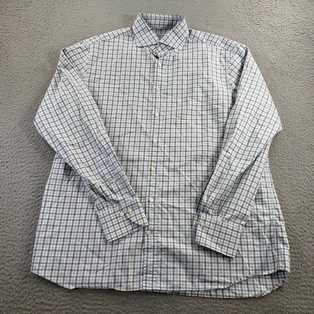 Stenstroms Dress Shirt Mens 17.5 44 Blue Grey Gingham Fitted Body Long Sleeve
